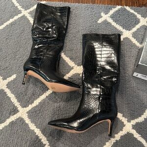 Wetkiss Black Knee High Boots - Black Crocodile